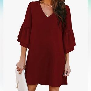 BELONGSCI Womens Dress NWT VNeck Bell Sleeve Mini Dress Medium Wine Red